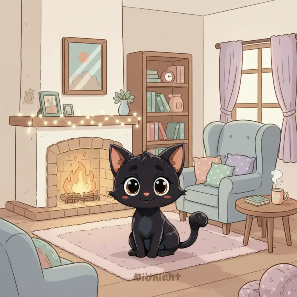 Cozy Cartoon Cat By The Fireplace In A Calm Room