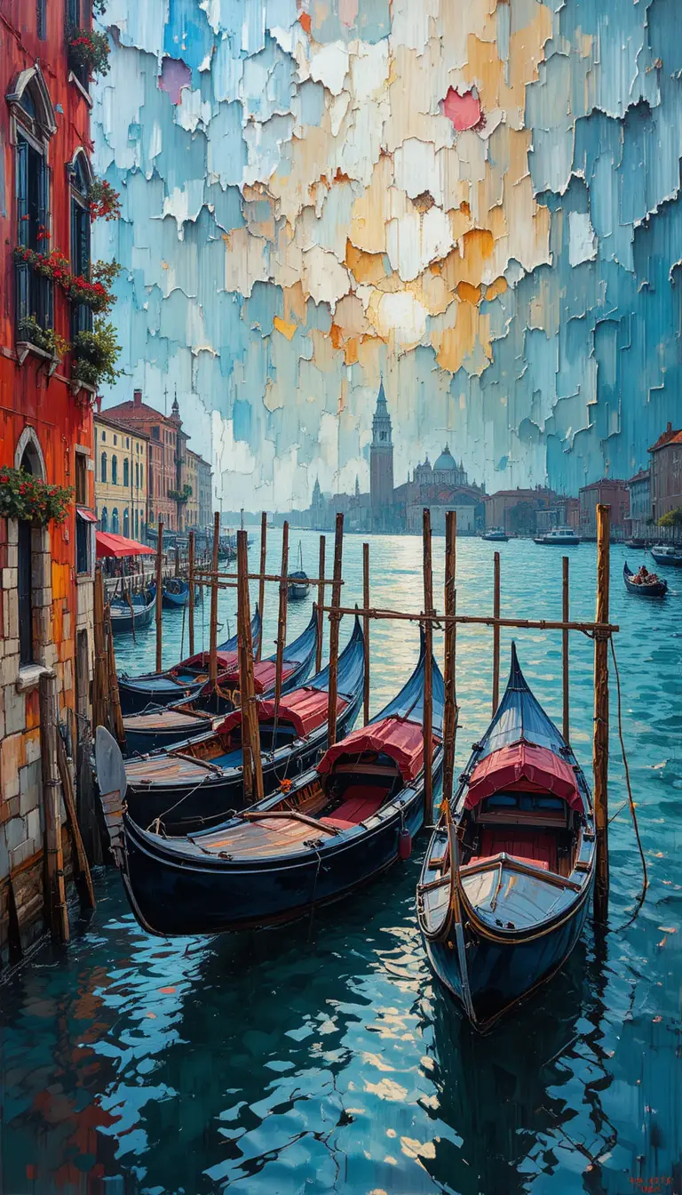 Impasto painting of Venice canal with boats and gondolas