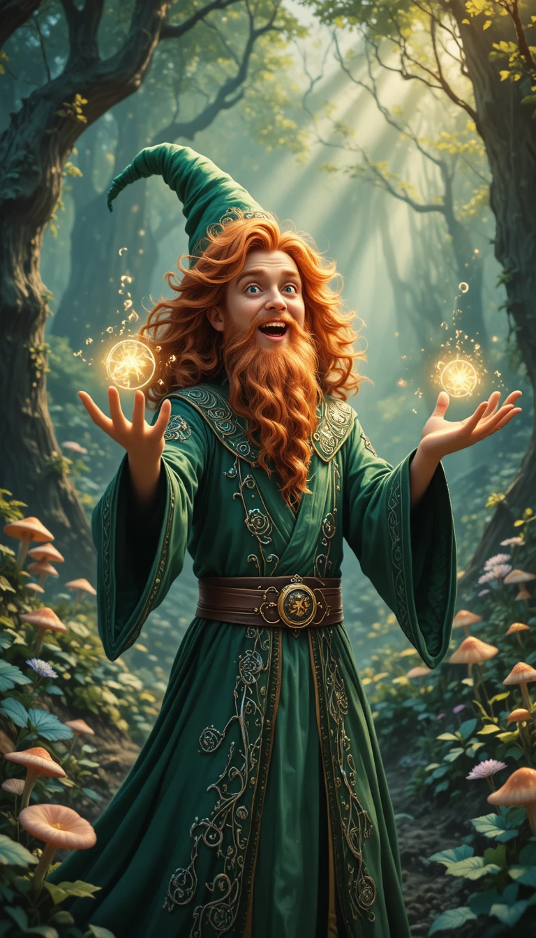 Whimsical wizard casting glowing spells in forest