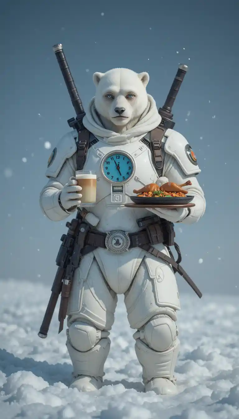 Armored warrior in snowy landscape holding latte and bento