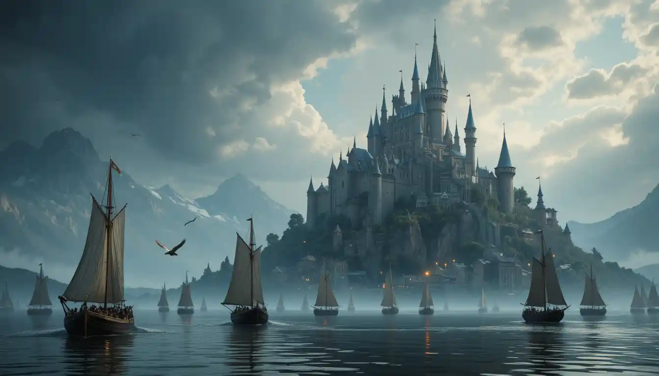 Fantasy castle on a hill above calm waters and sailboats