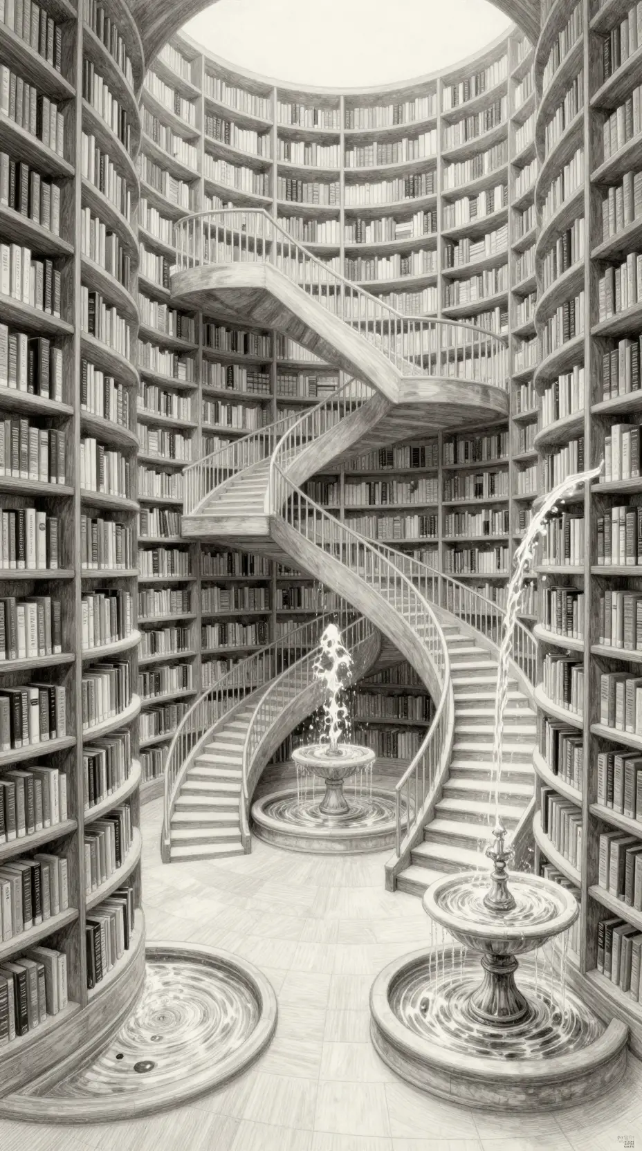 Surreal Infinite Library Of Impossible Staircases And Shelves