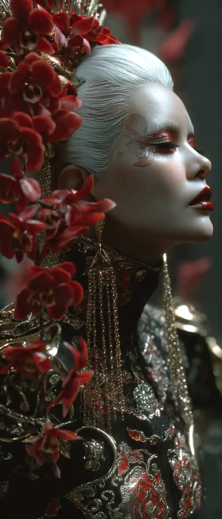 Ritratto dark fantasy di donna in kimono nero decorato