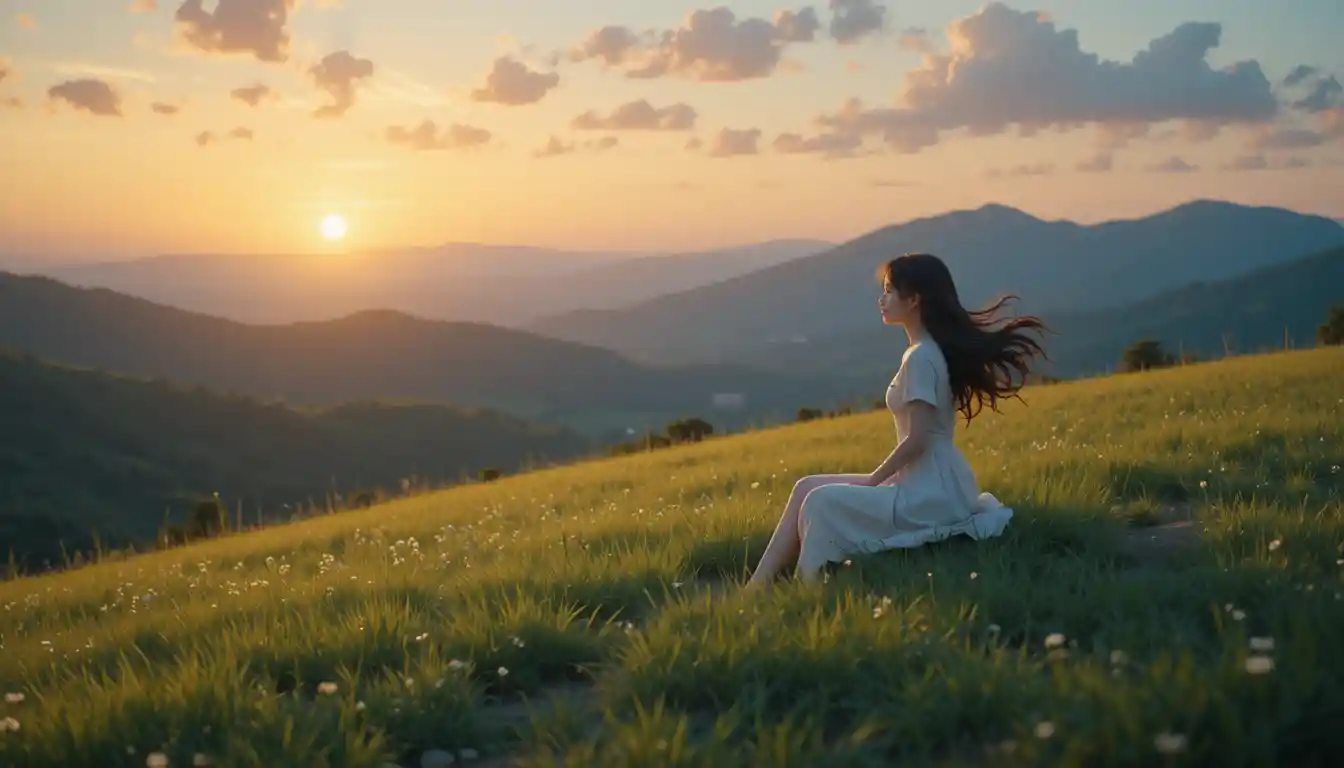 Ragazza anime su una collina ventosa al tramonto tranquillo