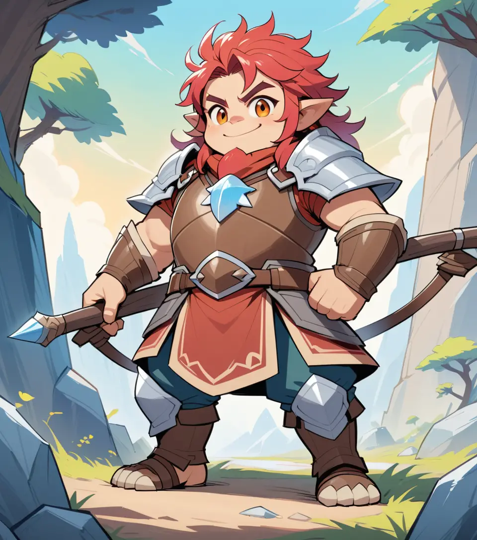 Cheerful rock gnome guard holding an oversized crossbow