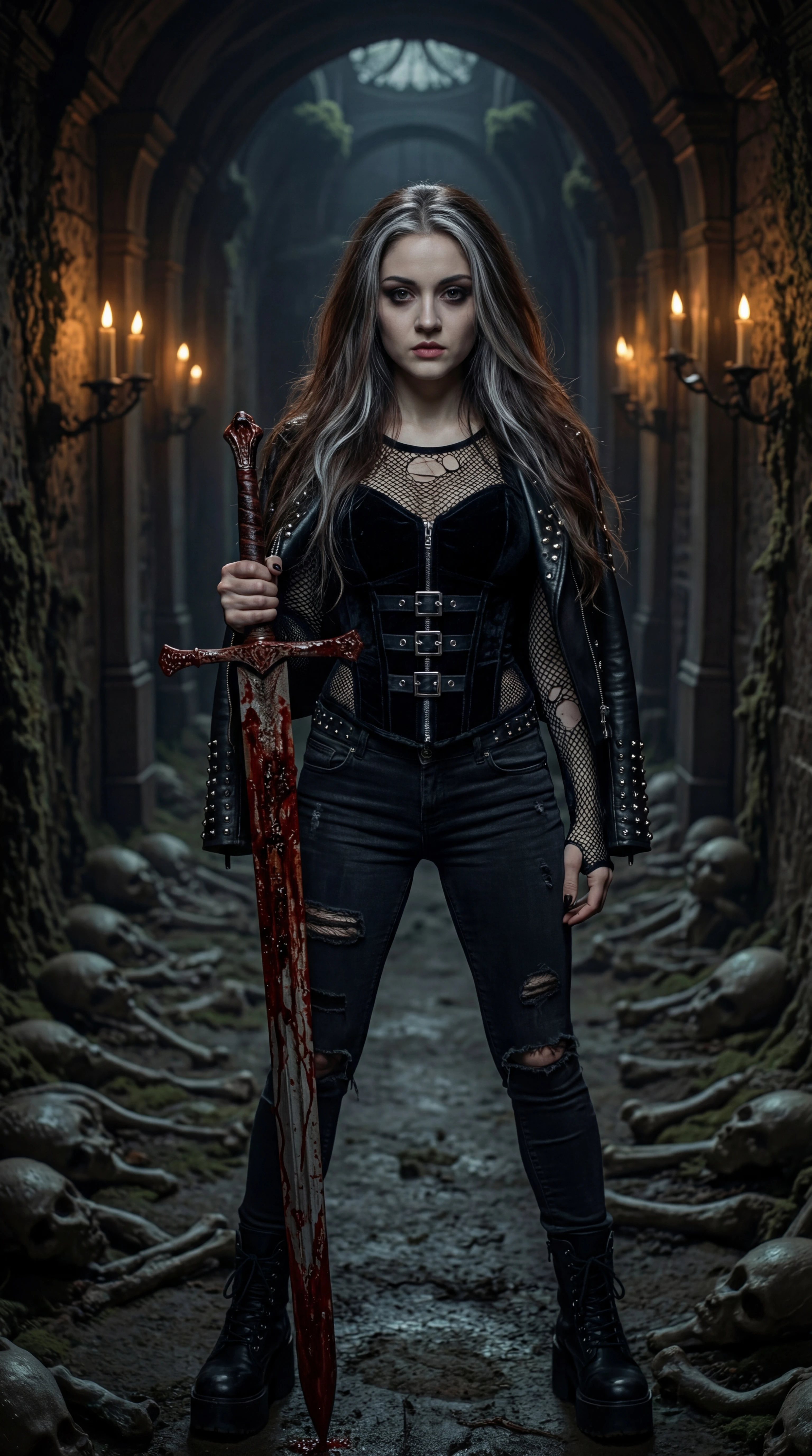 Gothic vampire warrior woman in dark catacomb corridor