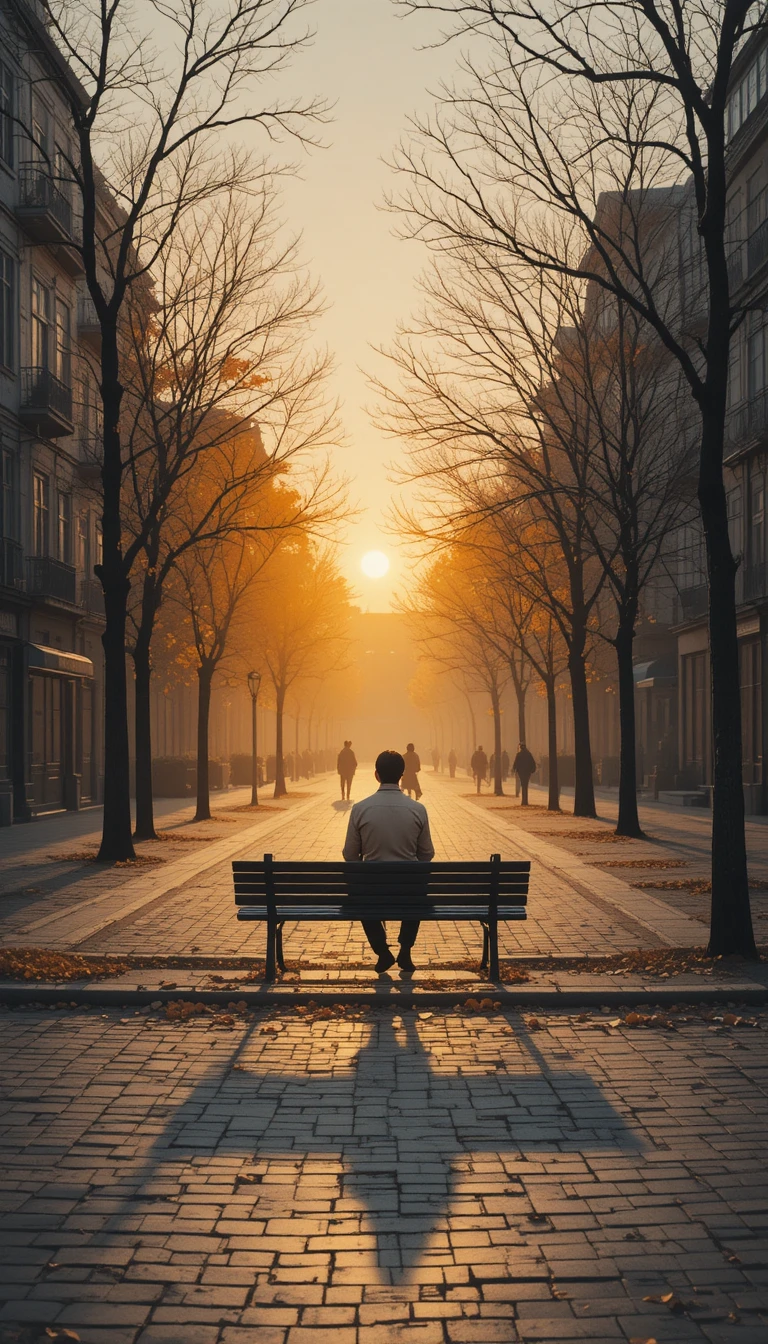 Lonely figure on a park bench at sunset city square