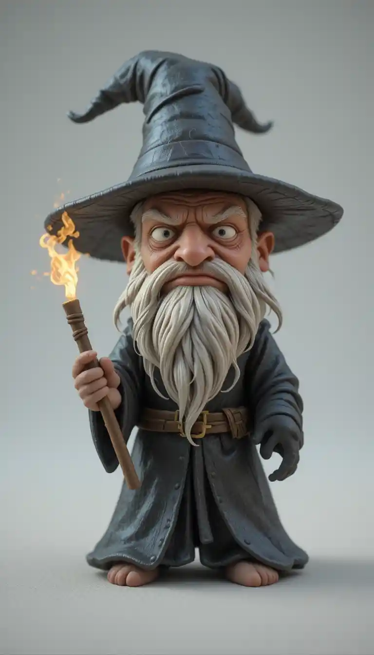 Minuscule sorcier grincheux en argile tenant une baguette tordue et lumineuse