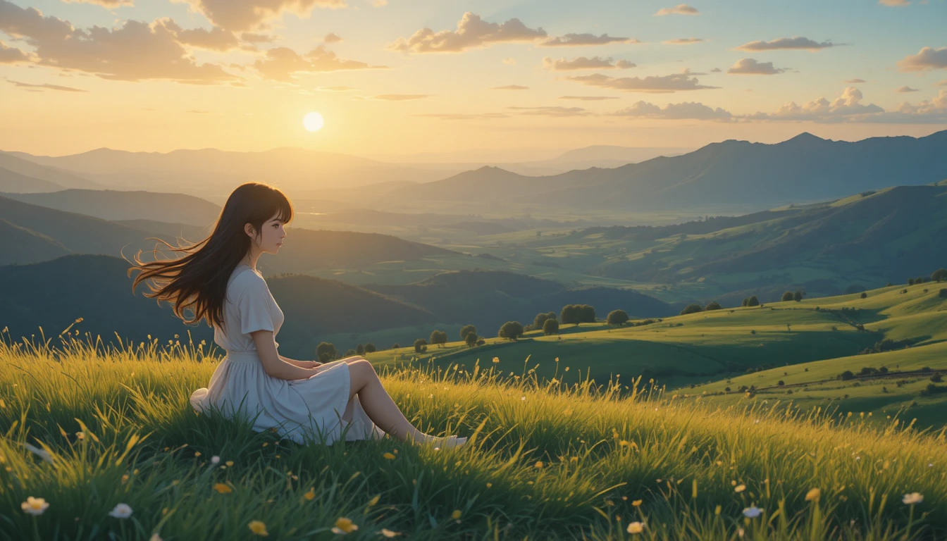 Anime girl on a grassy hill at peaceful sunset