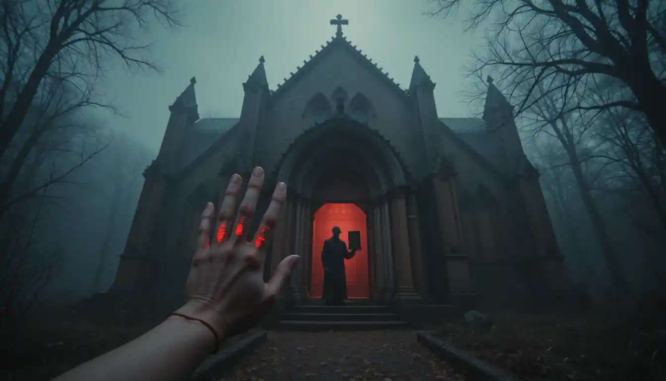 Woman facing an abandoned gothic church in thick fog