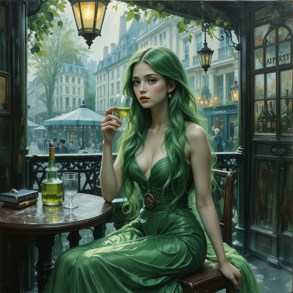 Green haired woman drinking absinthe on a paris terrace