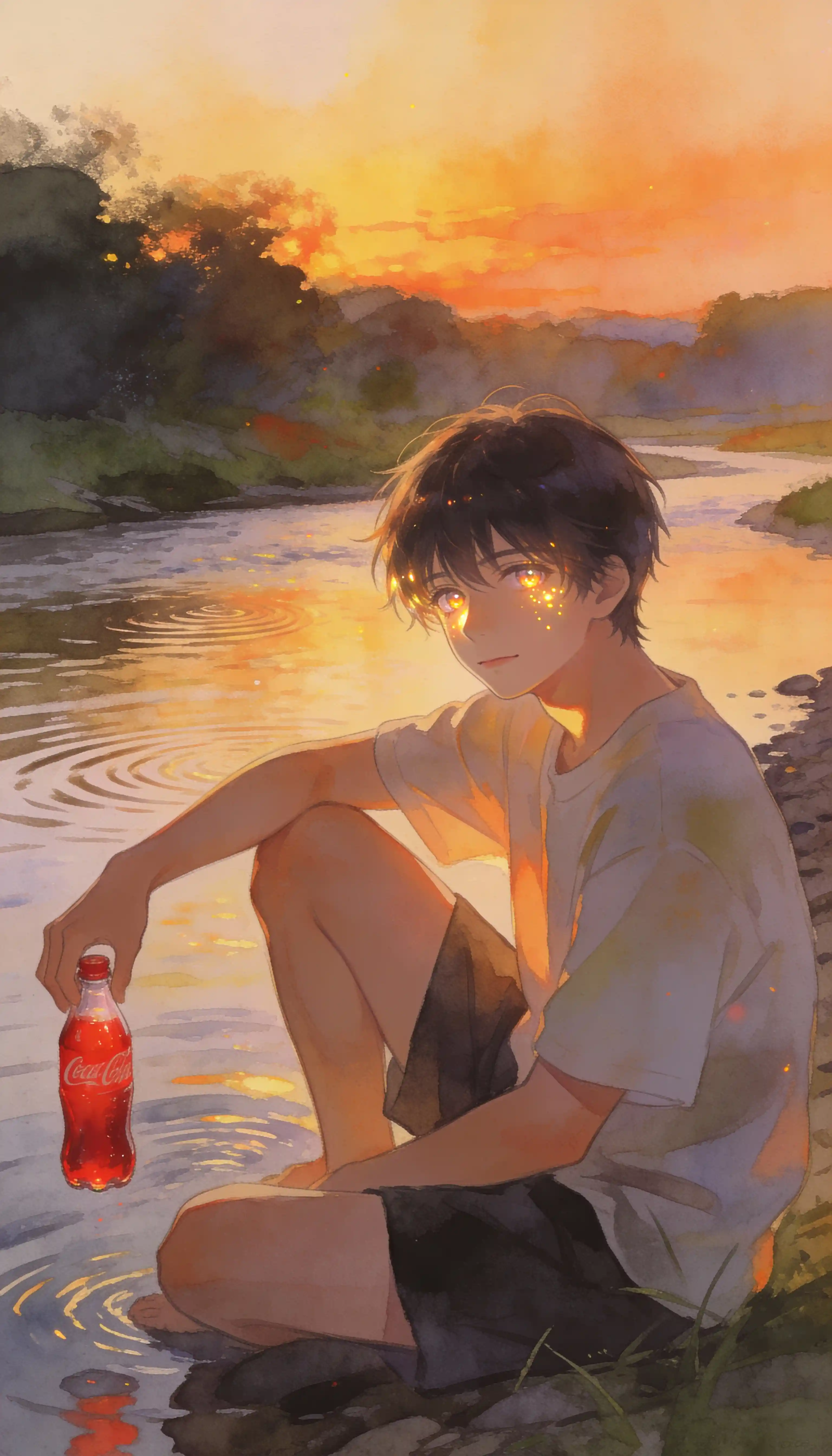 夏日黃昏靜謐河畔休憩的少年