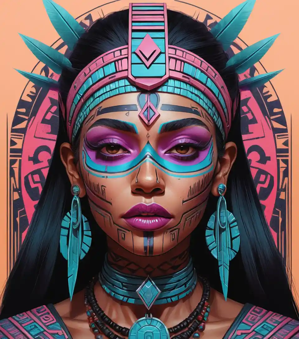 Aztec priestess surrounded by dense futuristic calligraffiti