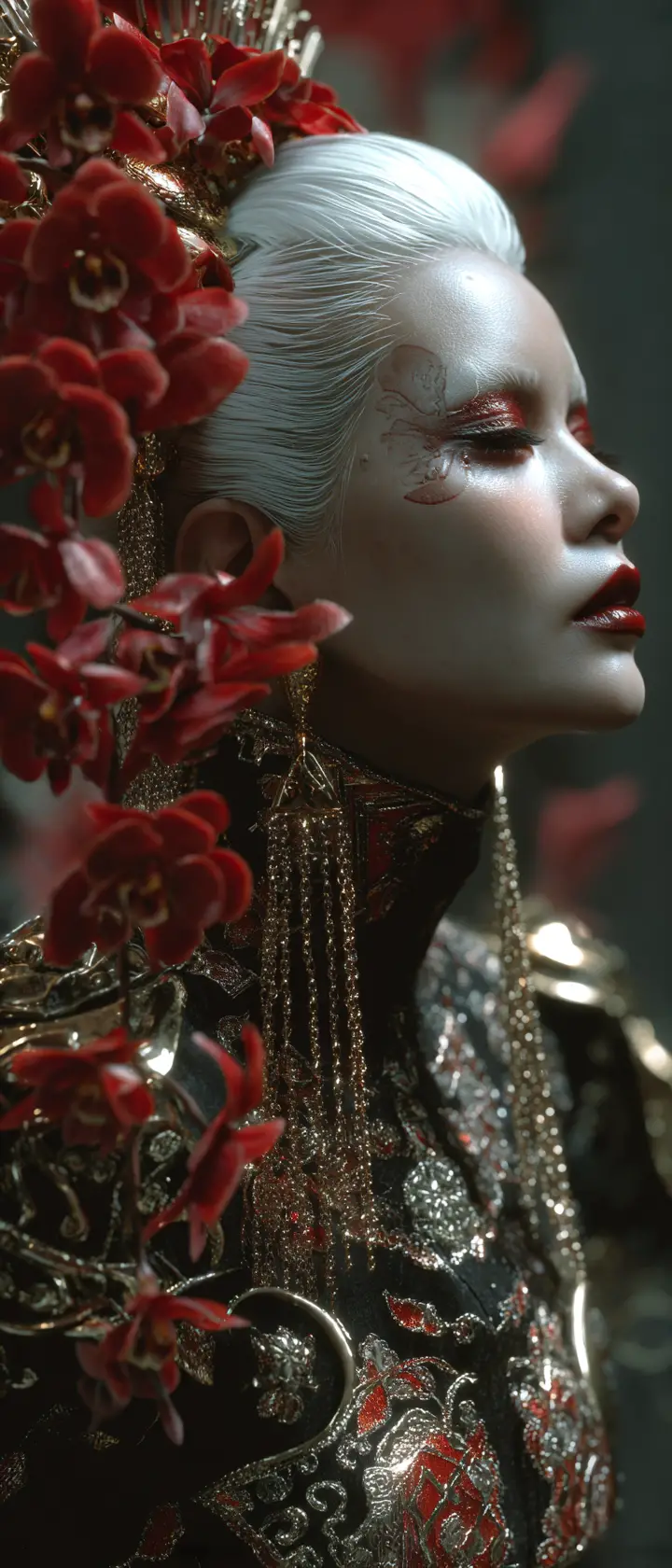 Dark fantasy portrait of woman in ornate black kimono