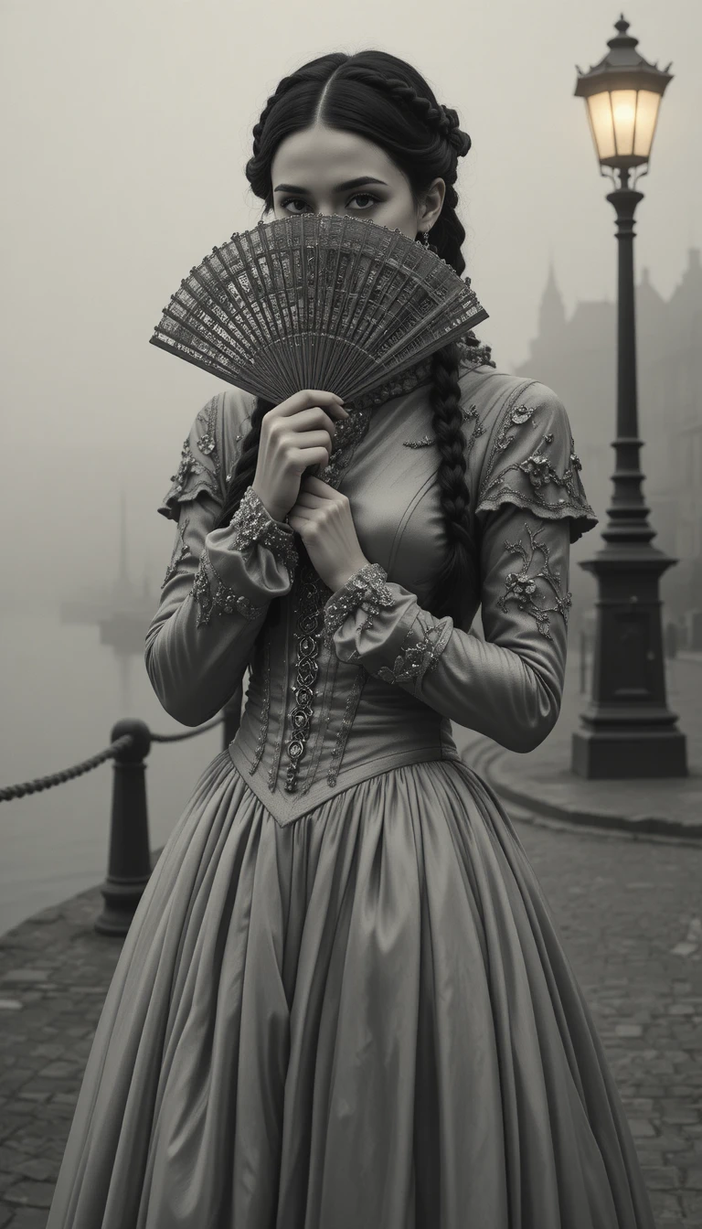 霧濛濛碼頭旁的哥德風維多利亞時代年輕女子