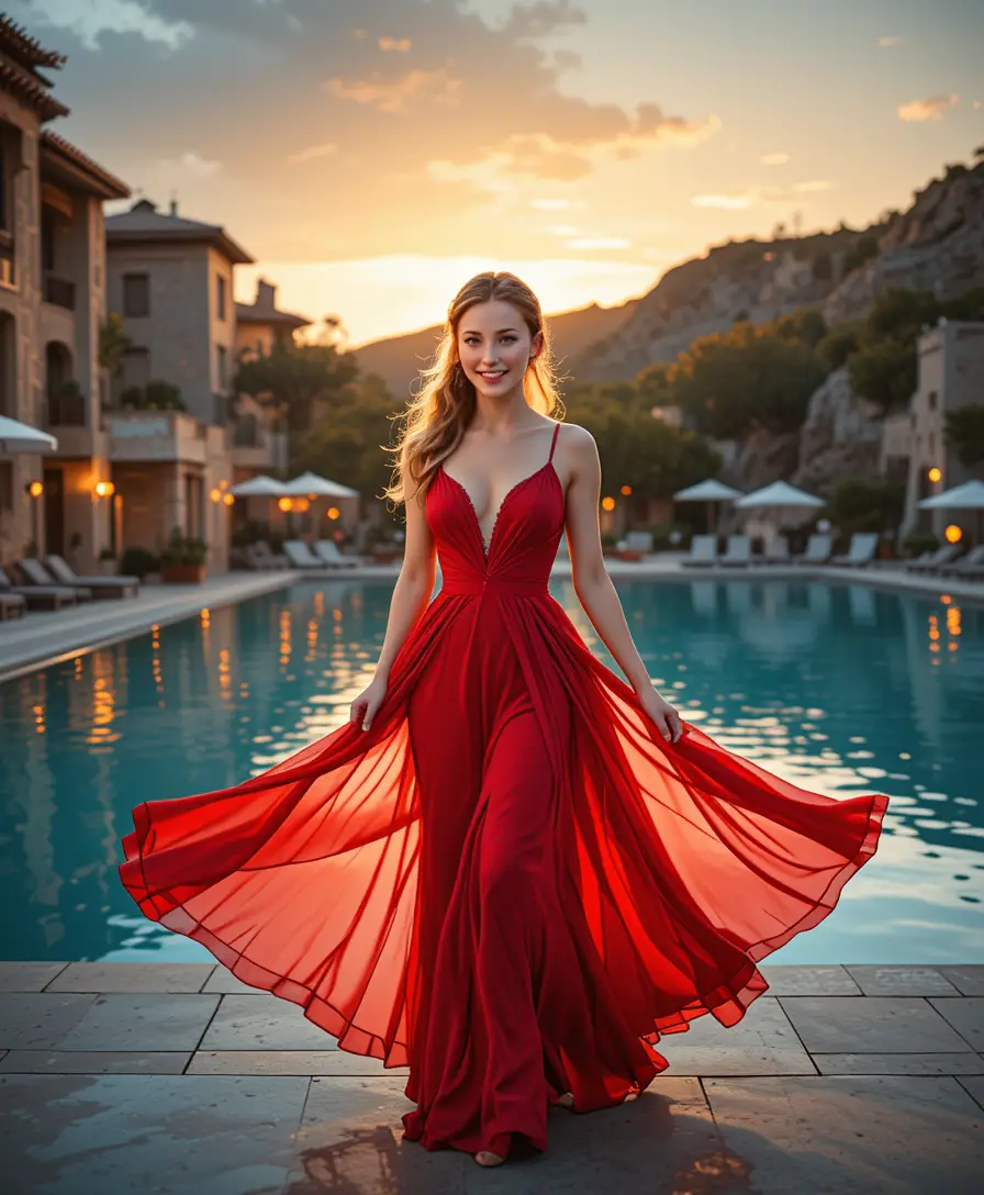 Elegant woman in red gown by a sunset resort pool