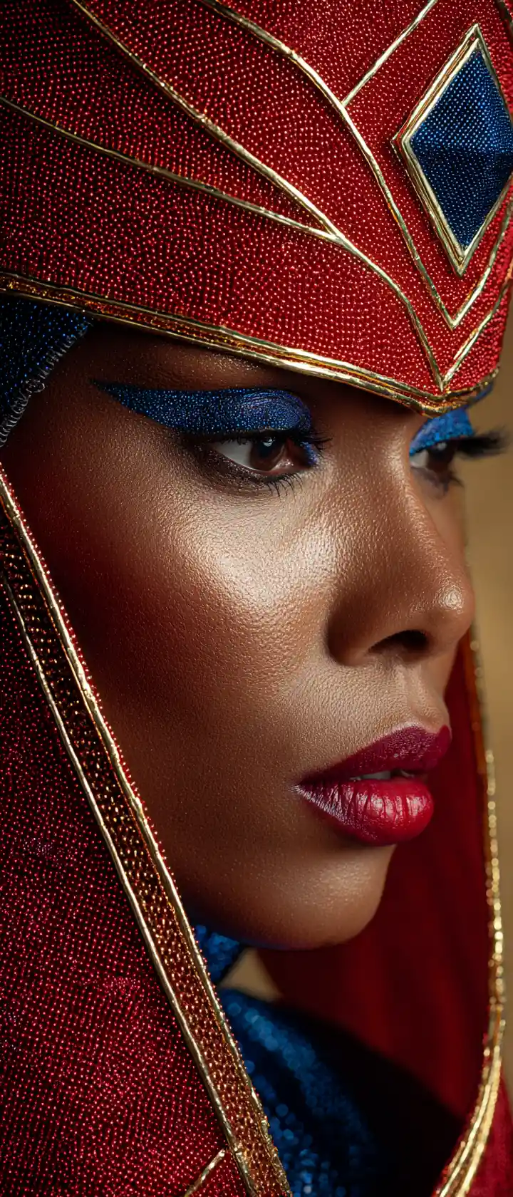 Portrait of a woman in red headdress with sapphire jewel