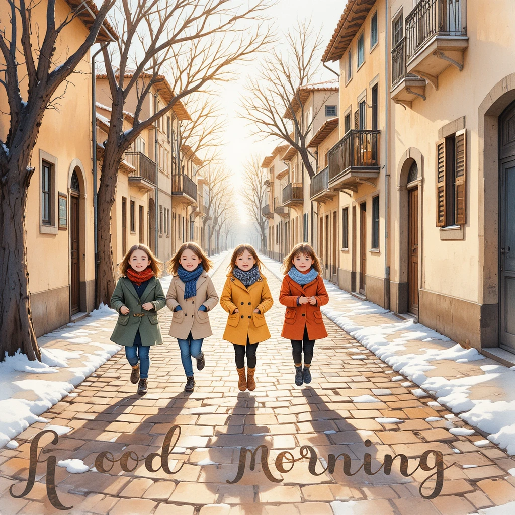 Joyful children running along a sunny cobblestone street