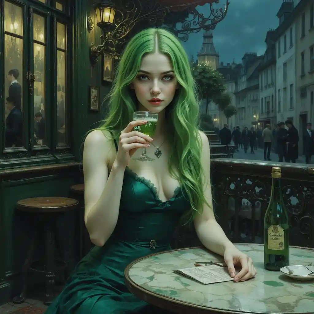 Young woman with green hair drinking absinthe in Paris