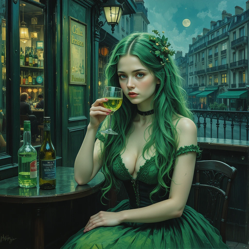 Green haired girl drinking absinthe on a Paris terrace