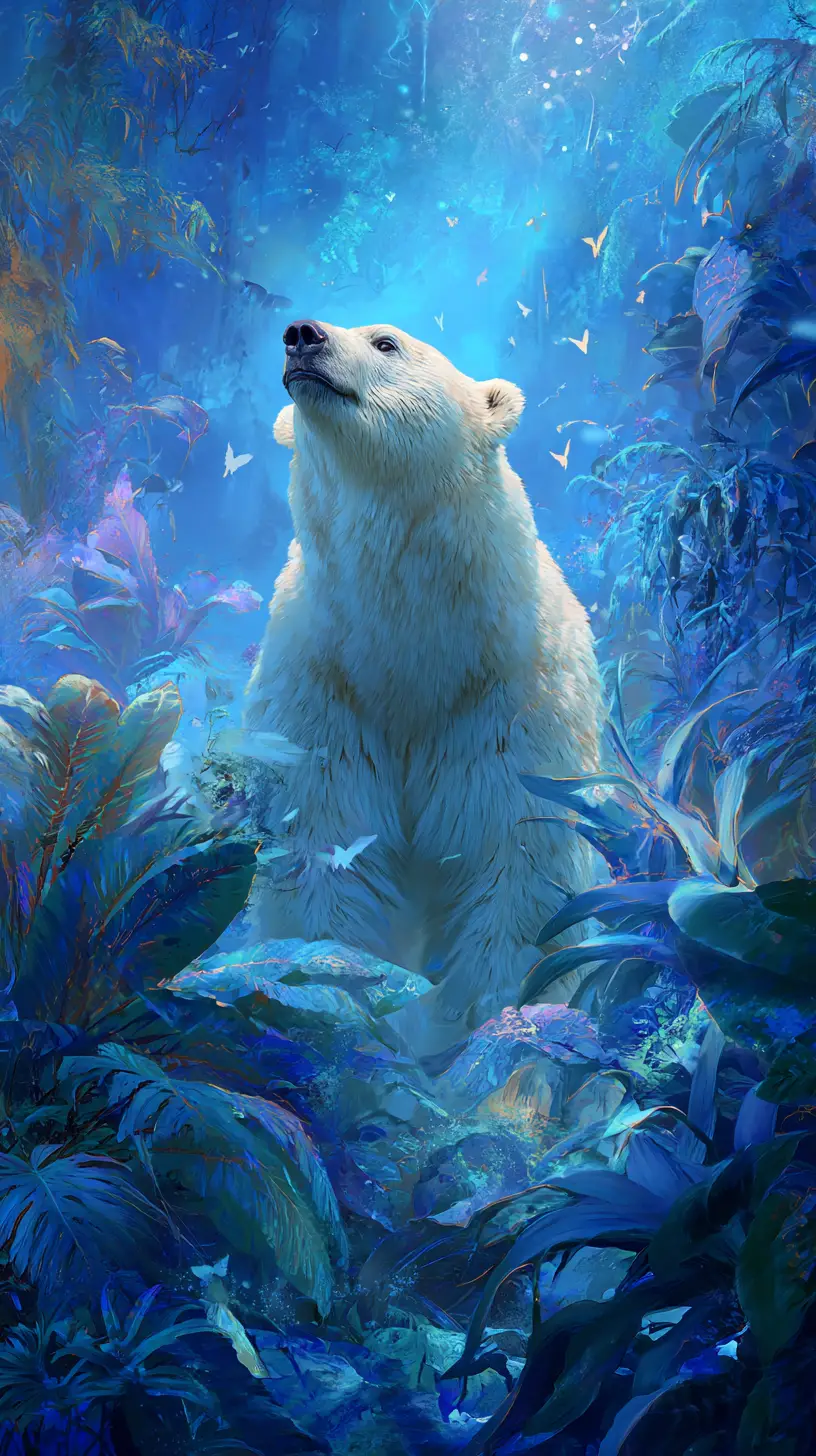 Majestic polar bear in a dreamy fantasy forest