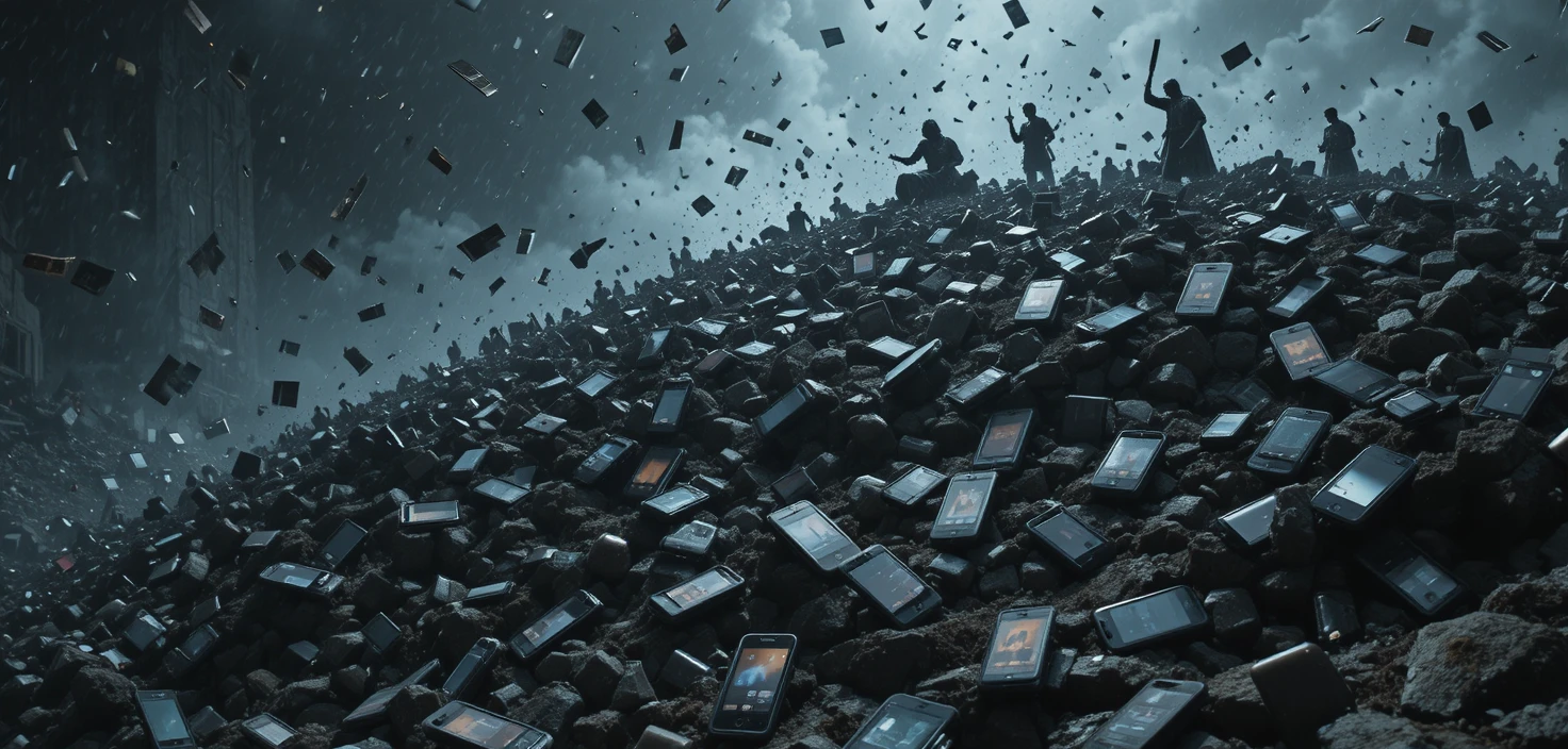 Storm tossed raft of broken smartphones in dark seascape
