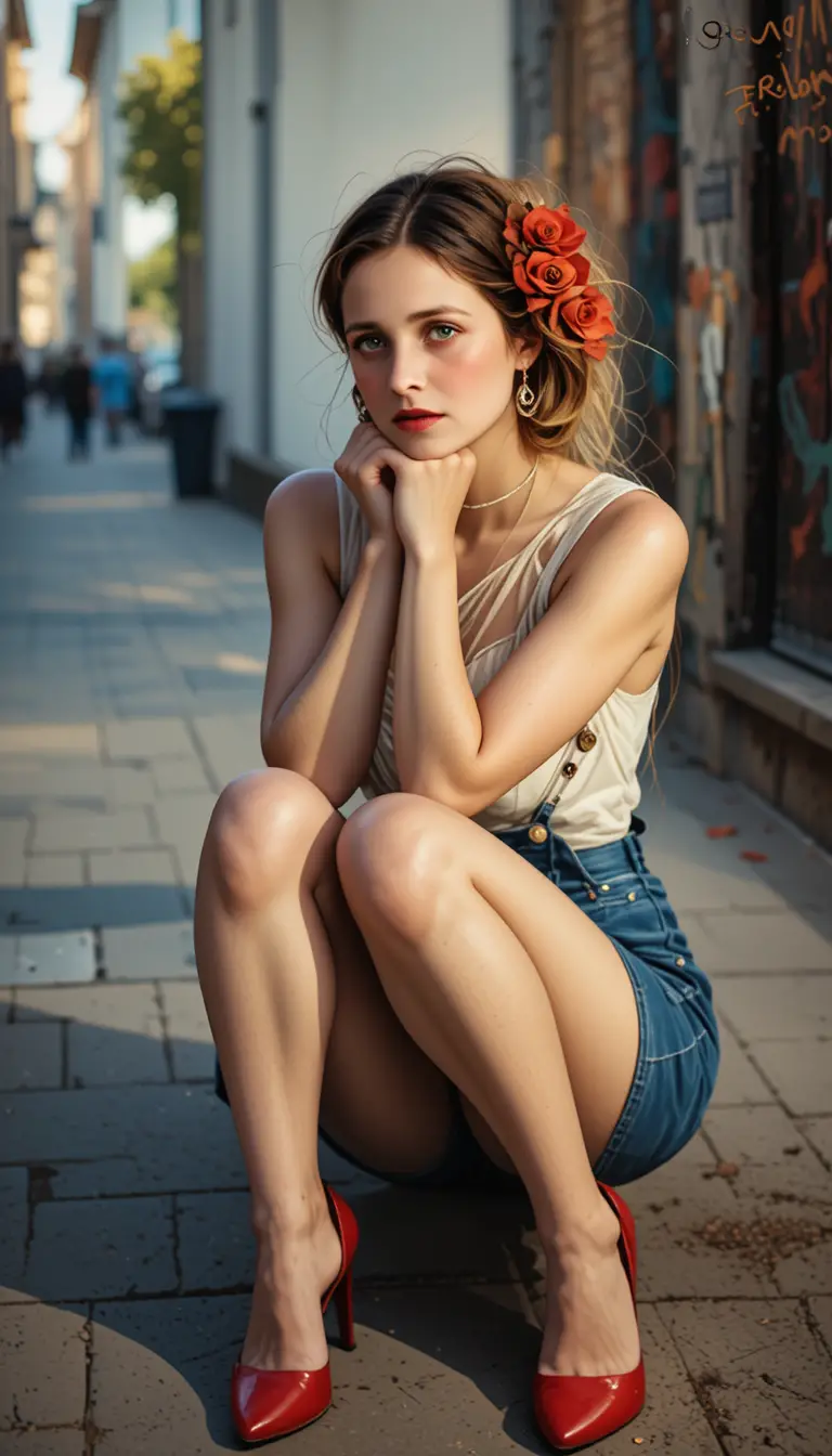 Woman in sheer white blouse sitting on city sidewalk