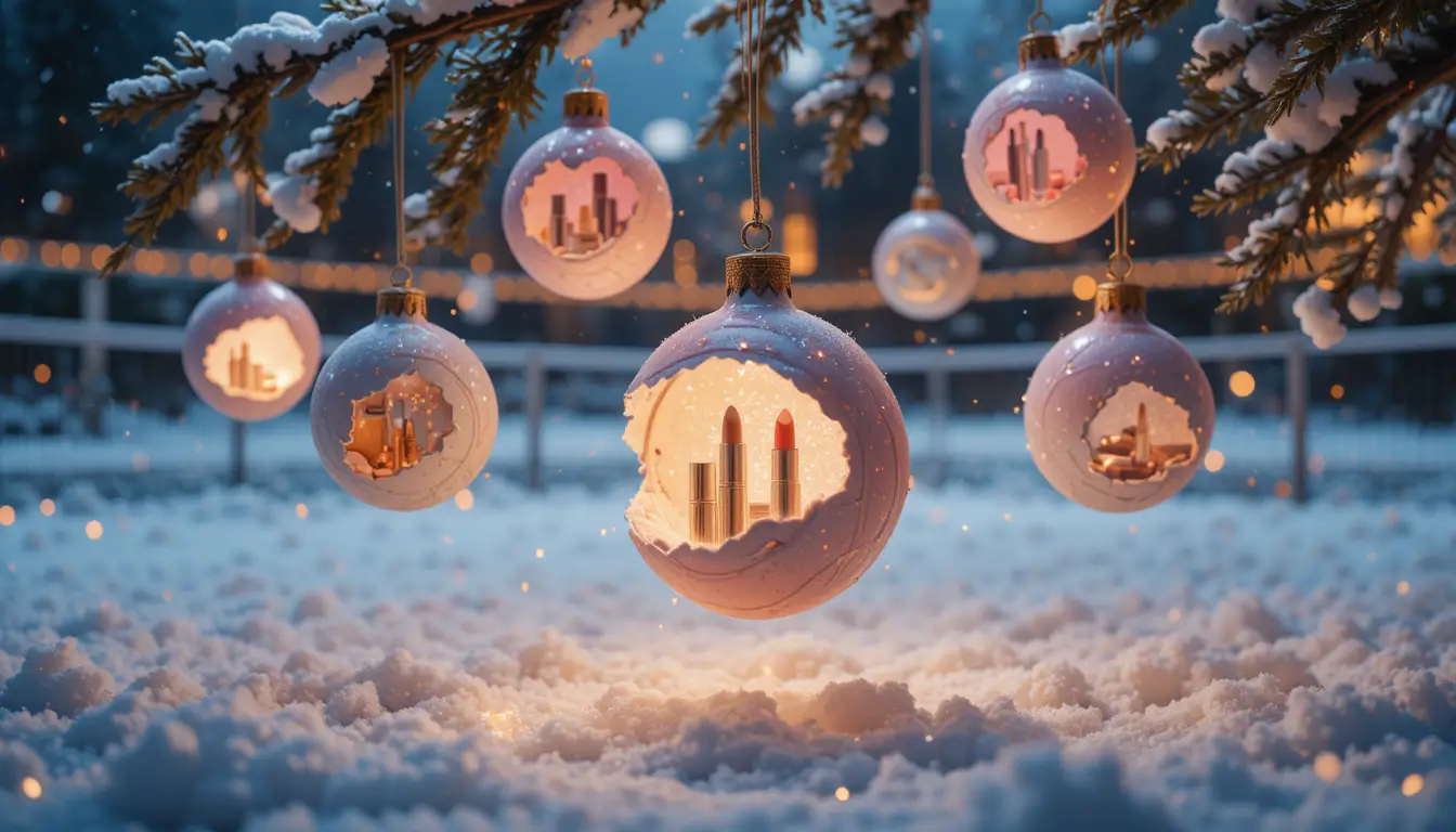 Luxury beauty gifts on a snowy Christmas tennis court