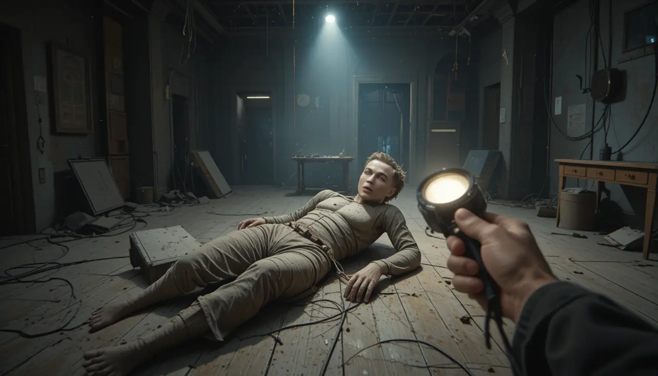 Abandoned puppet lit by flashlight in dark film studio