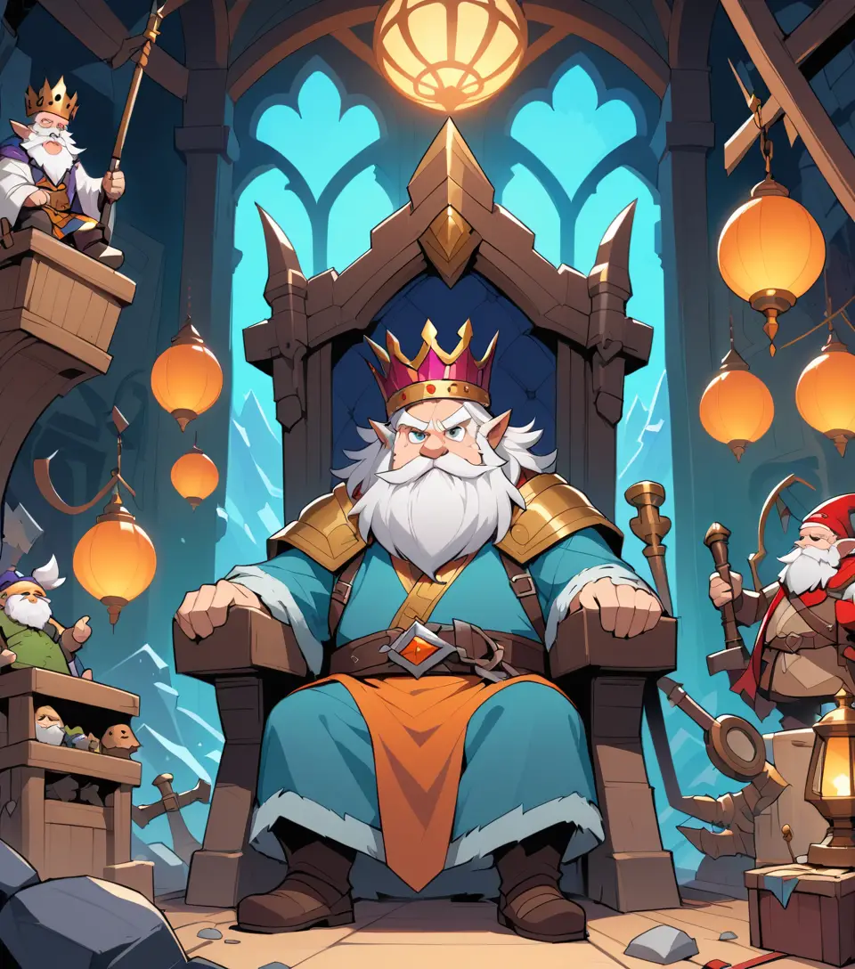 Eccentric gnome king on a ramshackle throne of scrap