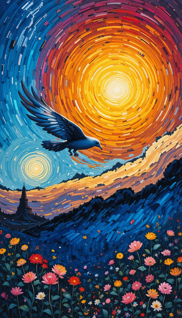 Sunlit dreamscape with wind lightning and soaring flight