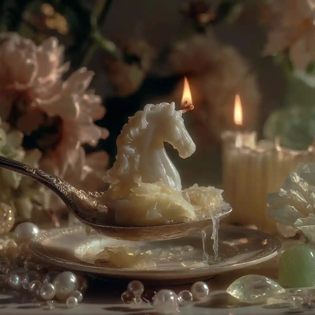Surreal still life with horse candle on silver spoon