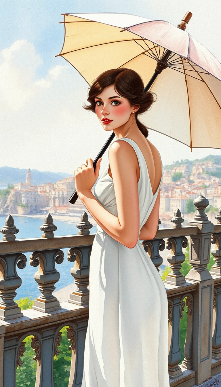 Young lady in white dress on a sunny coastal promenade