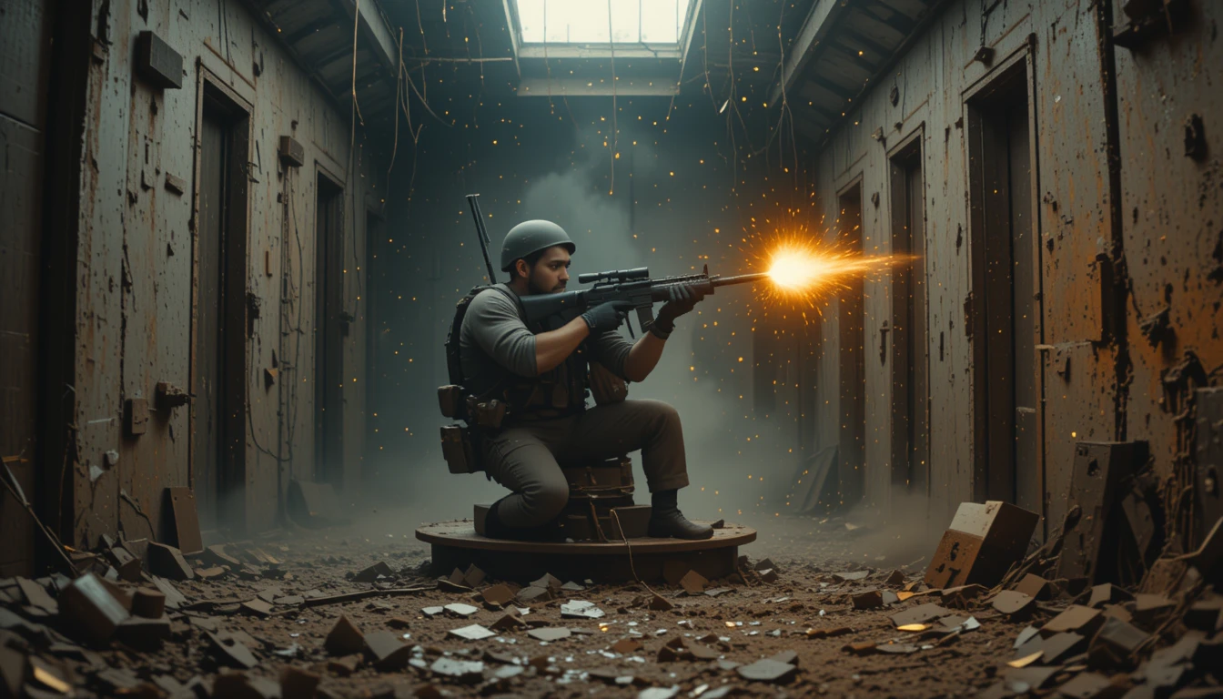 Cinematic soldier firing heavy machine gun in war corridor