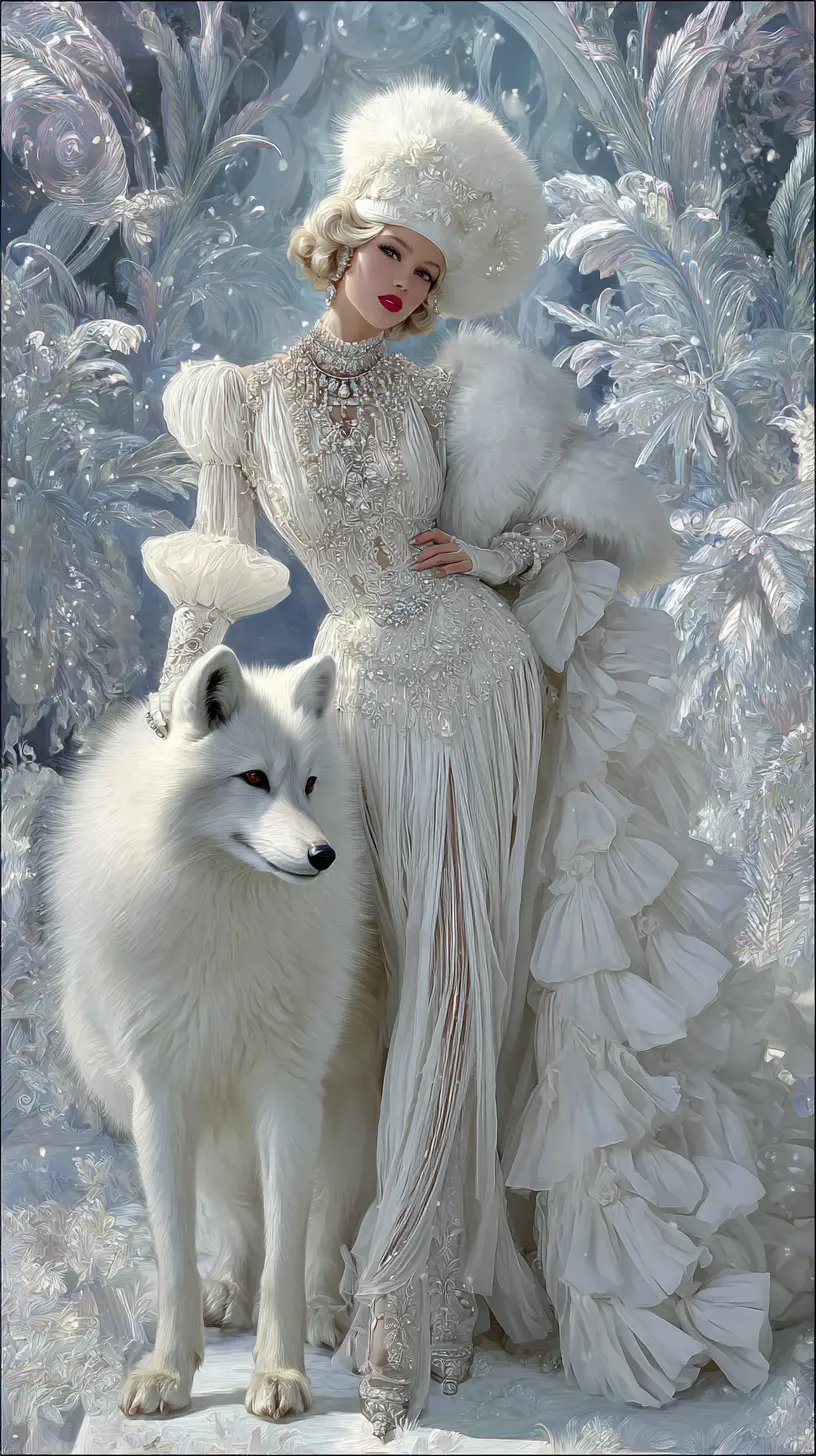 Vintage winter diva with polar fox in glamorous gown