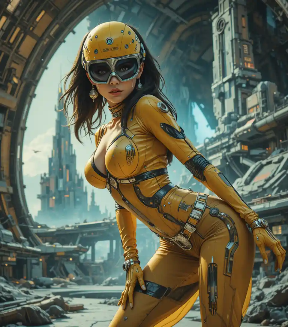 Donna spaziale retrofuturista in moda sci‑fi metallica
