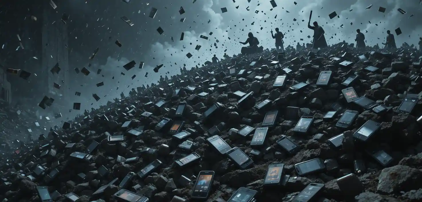 Storm tossed raft of broken smartphones in dark seascape