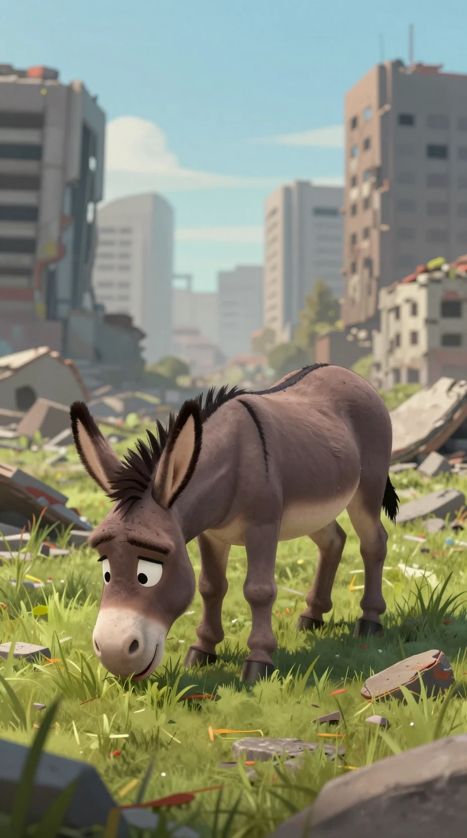 Burro de dibujos animados en ciudad en ruinas pastando hierba crecida