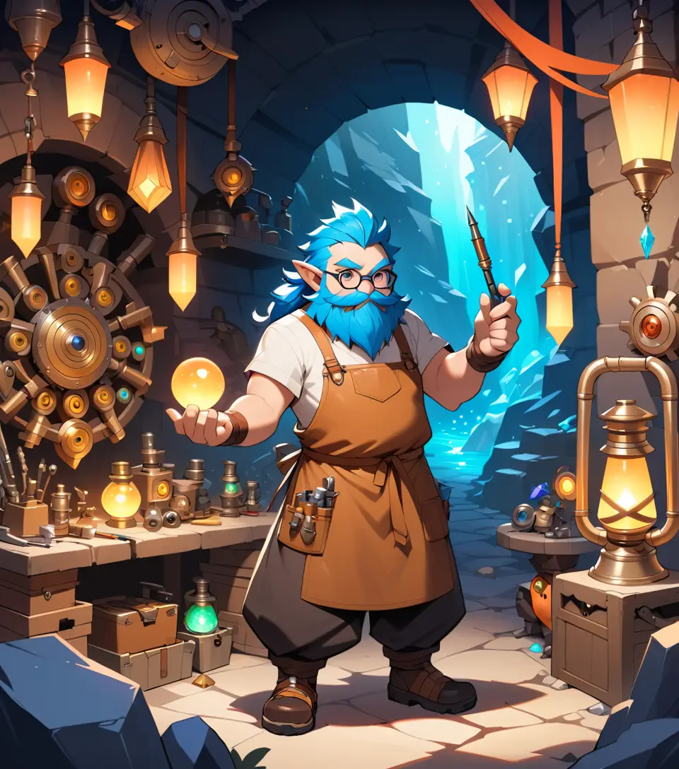 Artisan gnome des roches dans un atelier de caverne rempli d’engrenages et d’outils