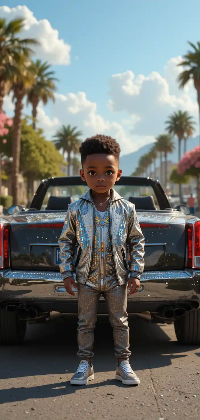 Young boy rapper driving a shiny cadillac outdoors