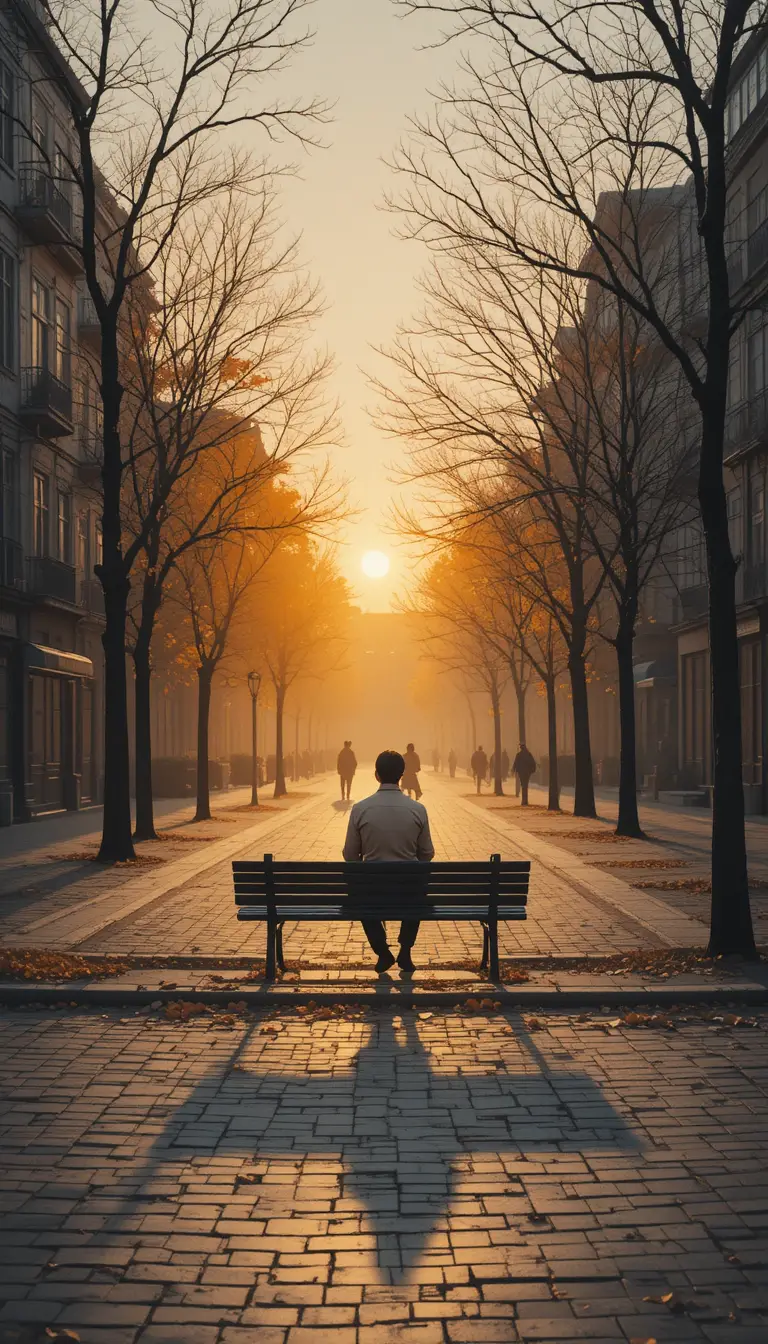 Lonely figure on a park bench at sunset city square