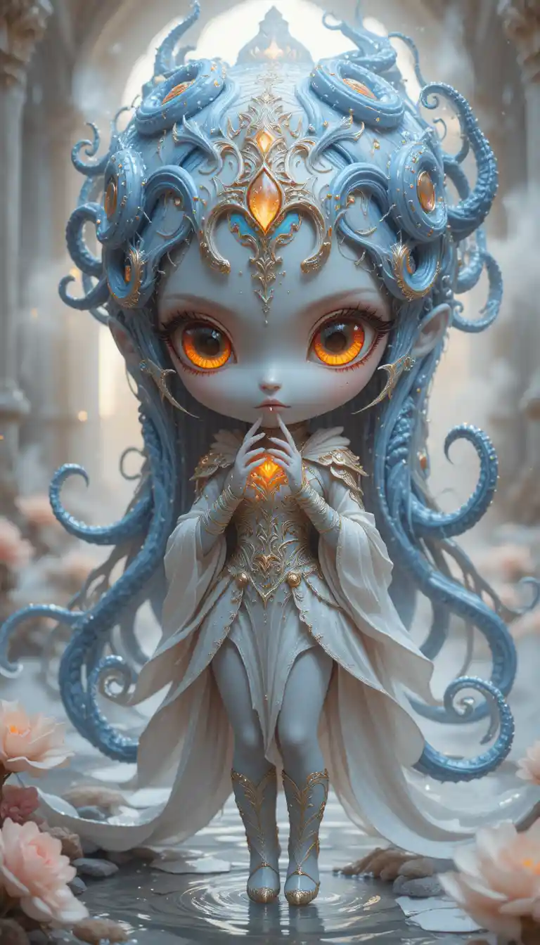 Elegant spirit creature before a white fantasy palace