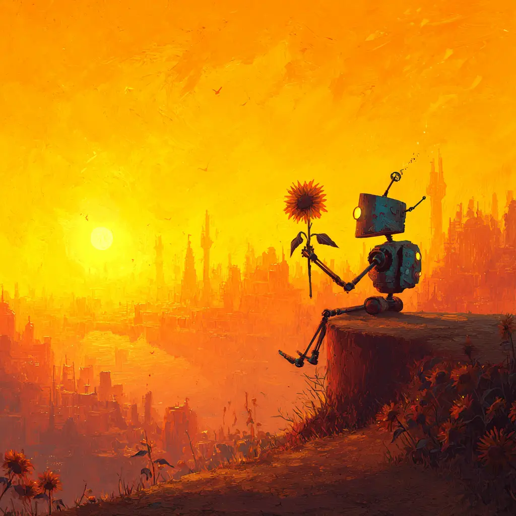 Cyberpunk robot with sunflower at golden hour