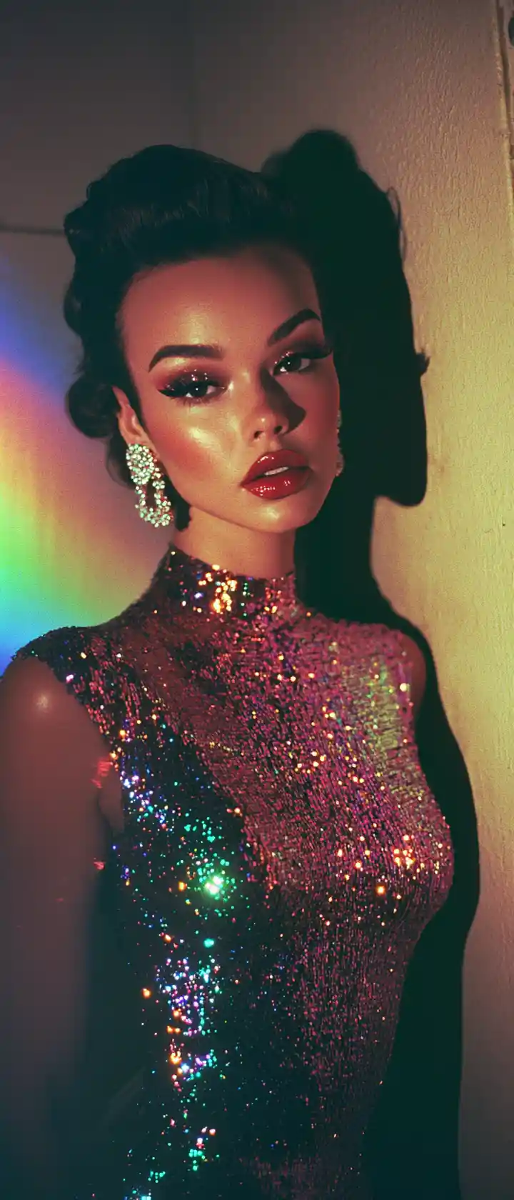Elegant woman in sequin dress with diamond jewelry