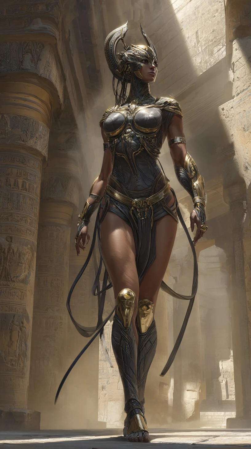 Egyptian goddess paladin in dark pharaonic cyber armor