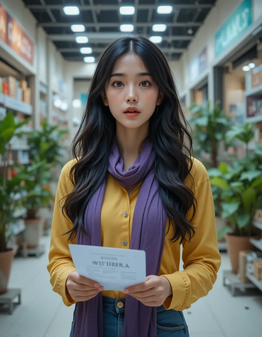 Surprised woman holding paper in a bright shopping mall
