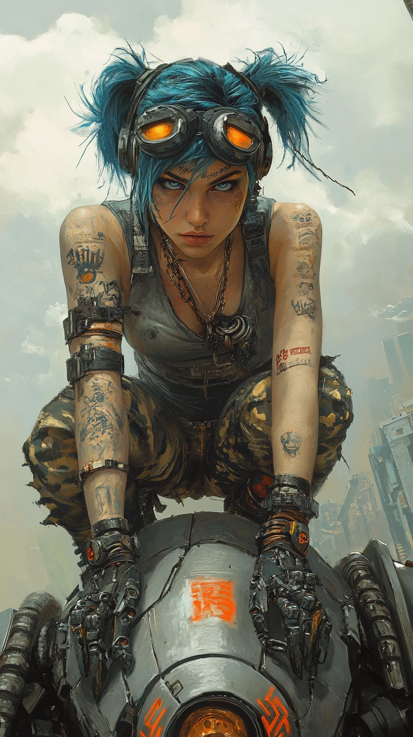 Blue haired woman on ruined combat mech in dark city