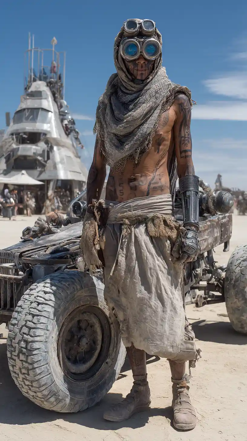 Bald Sci Fi Woman In Mask Standing In Desert Wasteland
