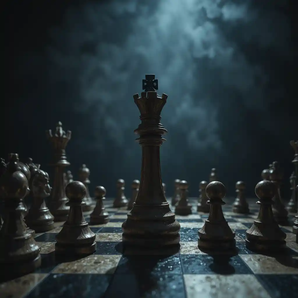 黑暗棋盤上，西洋棋皇后俯視倒下的國王