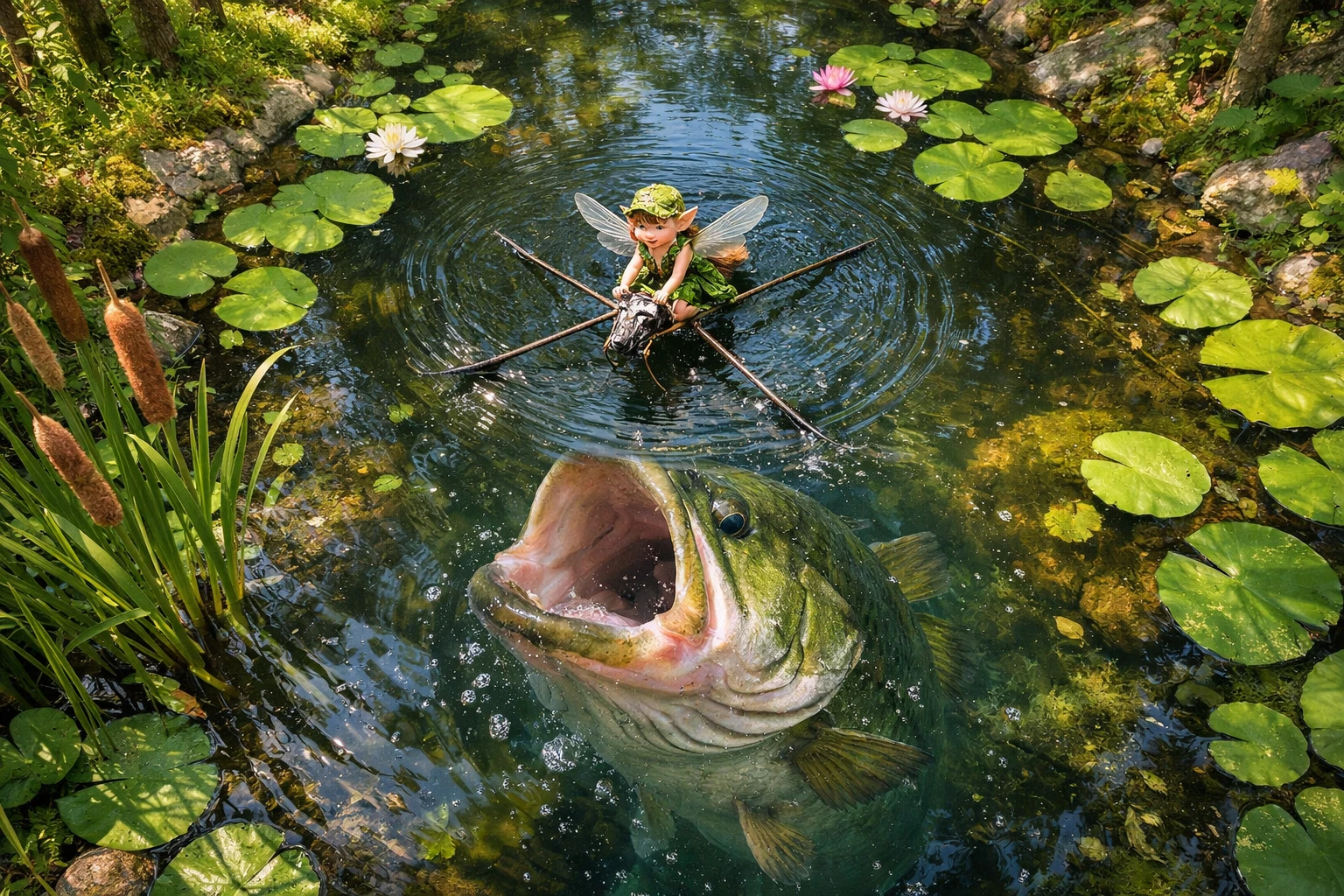 静かな池でアメンボに乗る森のピクシー